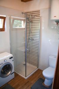 ein Badezimmer mit einer Dusche, einem WC und einer Waschmaschine in der Unterkunft Cottage in Domaša. Chata na Domaši. in Bžany