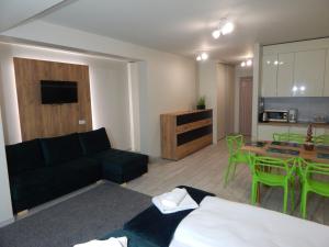 AGAT Apartament Czarna Góra في سيينا: غرفة معيشة مع أريكة وطاولة
