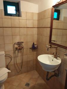 a bathroom with a sink and a shower at Xenia's Traditional House in Andros