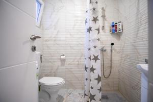 a bathroom with a toilet with stars on the shower curtain at Apartments Solar Trebinje in Trebinje