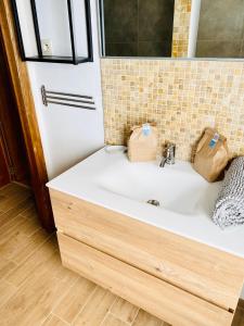 a bathroom with a white sink and a mirror at La Villa des Coteaux - Proche Centre-ville in Liège