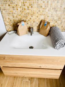 a bathroom sink with two bags on top of it at La Villa des Coteaux - Proche Centre-ville in Liège