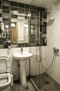 W łazience znajduje się umywalka, prysznic i toaleta. w obiekcie Villa ARS w Belgradzie