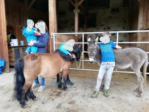 eine Gruppe von Kindern, die neben einem Esel stehen in der Unterkunft Staudachhof in Althofen