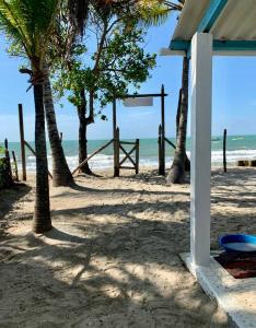 a beach with palm trees and a fence on the beach at Casa Manglar in Tolú