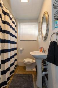 a bathroom with a sink and a toilet and a mirror at Cozy & Comfy Cottage in the City - w parking in Pittsburgh