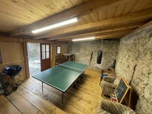 a ping pong table in a room with a stone wall at Chalupa U Kocourka in Sedlec