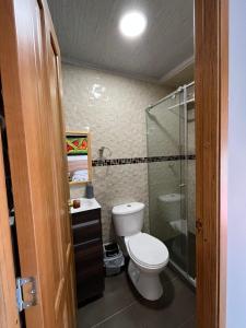 uma casa de banho com um WC e uma cabina de duche em vidro. em DOÑA EMMA em Sibundoy