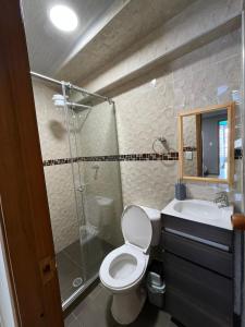 ein Bad mit einer Dusche, einem WC und einem Waschbecken in der Unterkunft DOÑA EMMA in Sibundoy