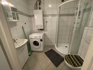 a small bathroom with a washing machine and a washer at Apartament pod Stożkiem in Sokołowsko