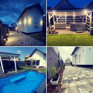 a group of four pictures of a house and a swimming pool at Nemes Apartmanház Tóalmás in Tóalmás