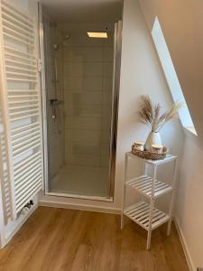 a walk in shower in a bathroom with a white table at Ferienwohnung Luxusblick in Bad Harzburg