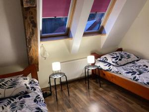 2 Einzelbetten in einem Zimmer mit 2 Fenstern in der Unterkunft Apartament pod Stożkiem in Sokołowsko