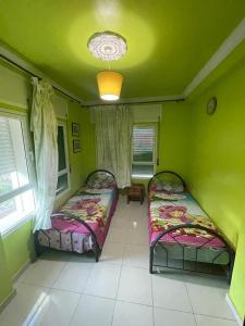 two beds in a room with green walls at Superbe Appartement centre vue sur mer . in Larache
