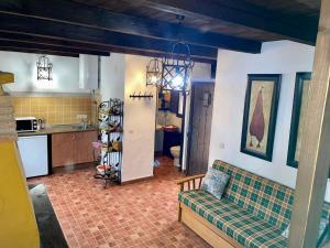 a living room with a couch and a kitchen at Casas rurales lagunas de Ruidera II in Ossa de Montiel