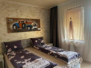 um quarto com uma cama e uma pintura de um carro em Top of the Mountain Гранд Манастира частни Апартаменти em Pamporovo