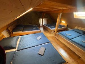 an overhead view of three beds in a room at Chalupa U Kocourka in Sedlec