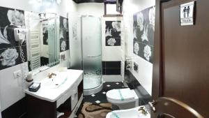 een badkamer met een toilet, een douche en een wastafel bij Hotel Bacsoridana in Tecuci