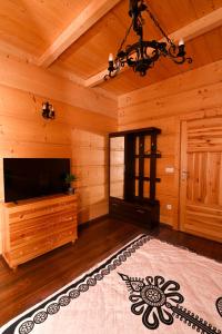 a living room with a television in a log cabin at Rezydencja Nosal in Zakopane