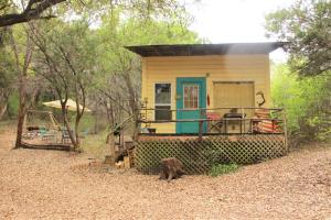 una pequeña casa con una puerta azul en el bosque en The Mexico Cabin at Creekside Camp & Cabins, en Marble Falls