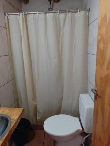 y baño con aseo y cortina de ducha. en Cabaña San José en San Rafael