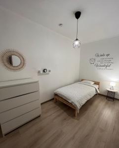 a bedroom with a bed and a mirror on the wall at Apartment - Place Jourdan & EU institutions in Brussels