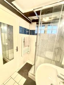 uma casa de banho com um chuveiro e um lavatório. em Escapade Moretaine - 22 Langin em Moret-sur-Loing