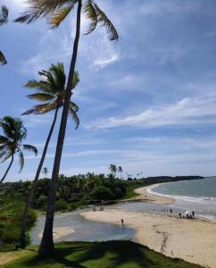 una spiaggia con palme e persone sulla sabbia di CHALÉS MELGAÇO a Cumuruxatiba