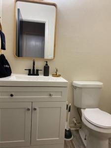 a bathroom with a sink and a toilet and a mirror at 3BR 2min from I-40,near DT, 21 min Palo Duro in Amarillo