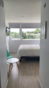 um quarto com uma cama, uma janela e uma mesa em Departamento estudio IslaTeja em Valdivia