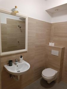 a bathroom with a sink and a toilet at Pensiunea Bulevard in Râmnicu Vâlcea