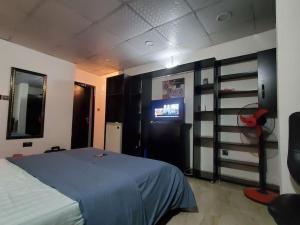 um quarto com uma cama e uma televisão num quarto em Exquisite one bed apartment in Asokoro! em Aso