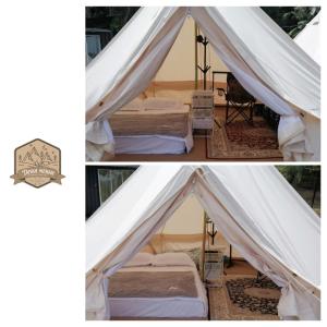 une tente avec 2 lits dans une chambre dans l'établissement Tanah Merah Glamping Village (TMGV), à Kuala Kangsar