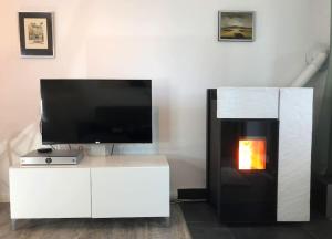 a living room with a tv and a fireplace at Fewo Nartura: Modern – Idyllisch – stilvoll – ruhig in Sankt Andreasberg