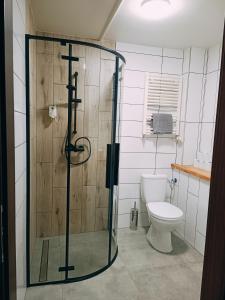 un baño con ducha y WC en Pokoje Jola, en Drawsko Pomorskie 16 fotos más