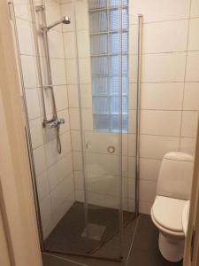 a bathroom with a glass shower with a toilet at City Hostel Bergen in Bergen