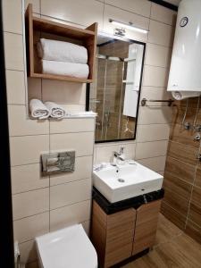 une salle de bains avec lavabo, toilettes et miroir dans l'établissement Sunčana Planina Kopaonik, à Kopaonik