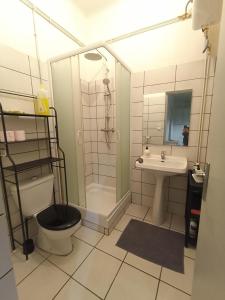 een badkamer met een douche, een toilet en een wastafel bij hébergement de la plage en ville in Martigues
