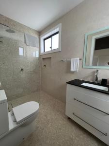 a bathroom with a toilet and a sink and a mirror at Vineyard stay at Mudgee in Apple Tree Flat