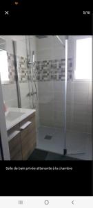 y baño con ducha, lavamanos y ducha. en Chambre d'hôtes Entre mer forêt et marais, en Olonne-sur-Mer