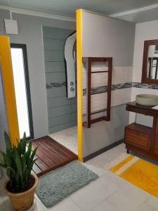 Zimmer mit einem Bad mit einem Waschbecken und einem Spiegel in der Unterkunft Côté Terrasse in Le Tampon