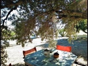 a table and two chairs under a tree at Studio with sea view in Ierapetra