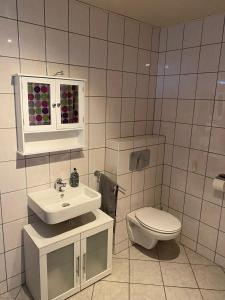 een witte badkamer met een toilet en een wastafel bij Ferienwohnung Schanz in Konken