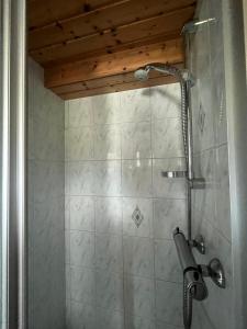 y baño con ducha y pared de piedra. en Mühle in Görtschach, en Sankt Veit in Defereggen