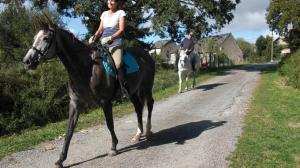 a woman is riding a horse on a road at Captains Cabin, private appartement neuf dans vielle maison campagne in Saint-Priest-la-Plaine