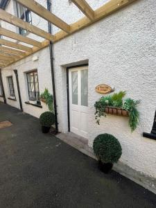 um edifício com uma porta branca e dois vasos de plantas em Fleece Cottage em Kendal