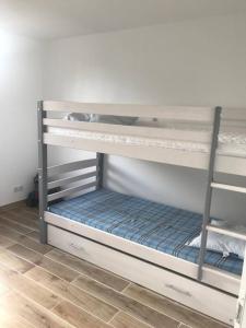 2 Etagenbetten in einem Zimmer mit Holzboden in der Unterkunft Logement : 2 chambres (5 couchages), salle de bain in Pierrefitte-sur-Sauldre
