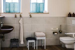 La salle de bains est pourvue d'un lavabo et de toilettes. dans l'établissement Elmenhof, à Elmenhorst