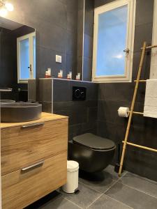 baño con aseo negro y lavamanos en La casa du Cerisier en Veyrier-du-Lac