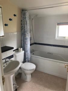 a bathroom with a toilet and a tub and a sink at Seafront House, Westward Ho! in Westward Ho